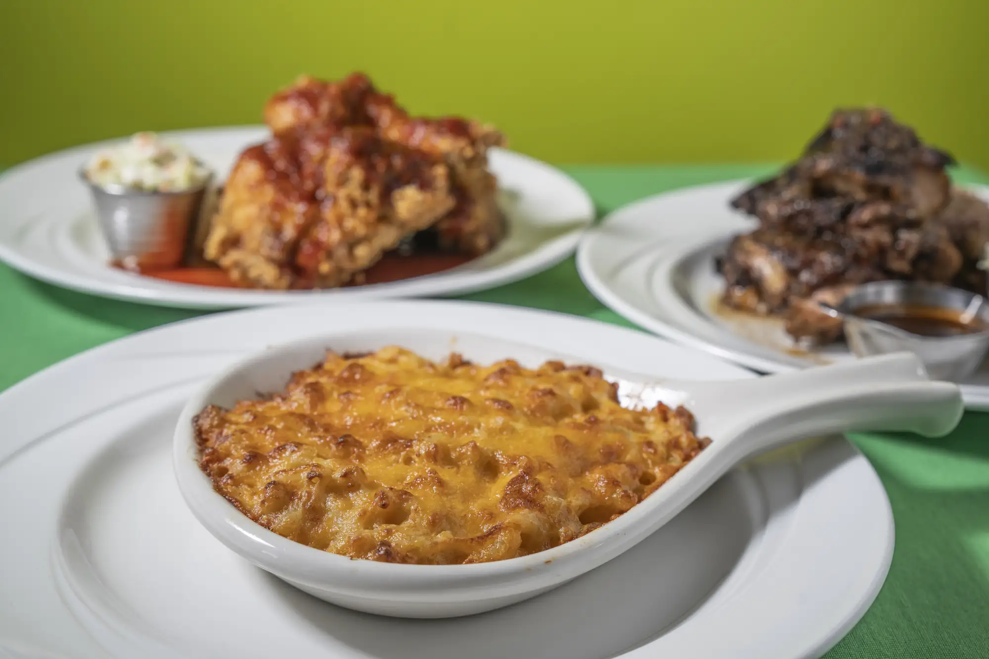 Baked mac and cheese with fried chicken and jerk