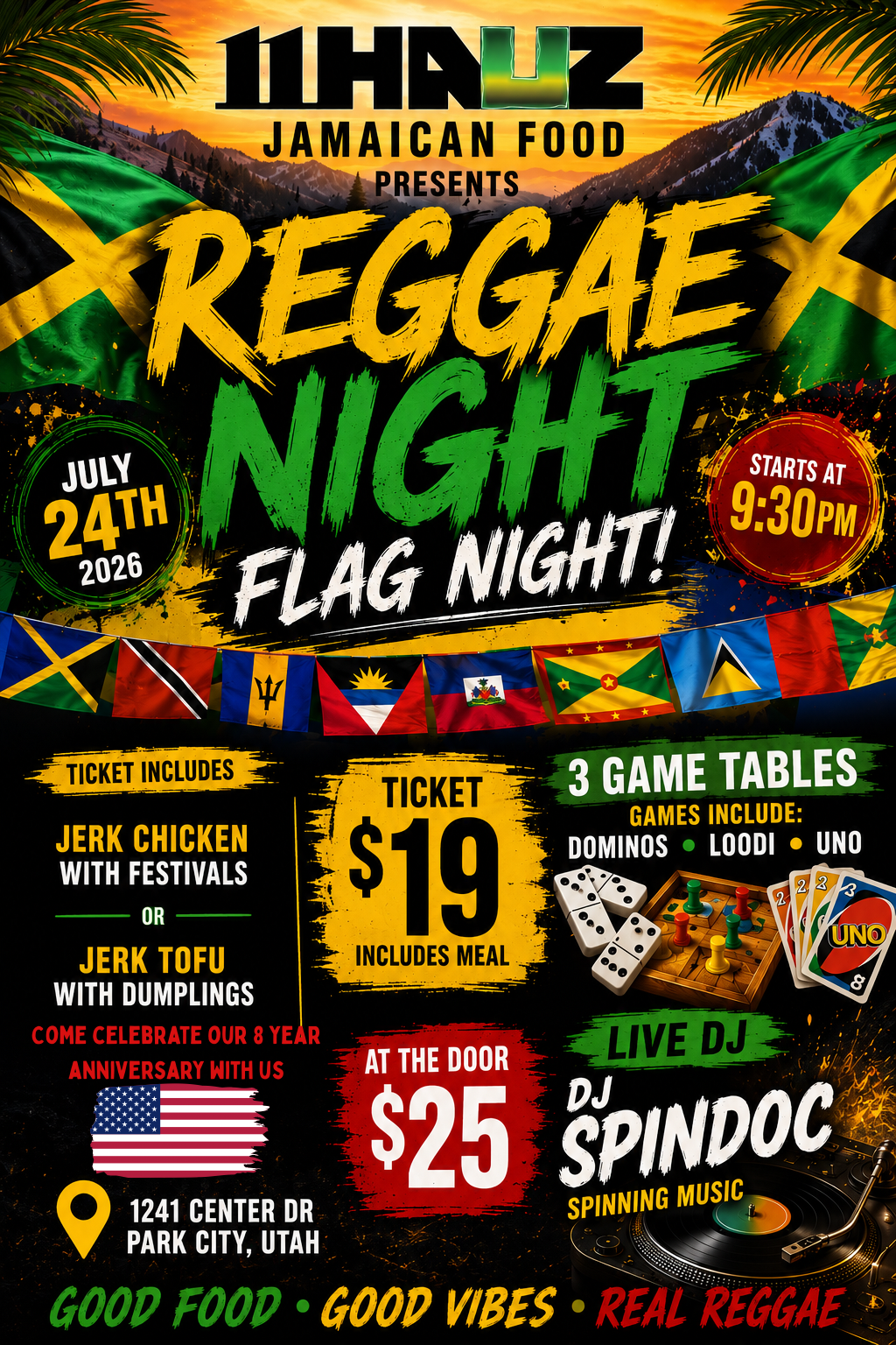 11Hauz Reggae Flag Night and 8 year anniversary flyer, July 24, 2026
