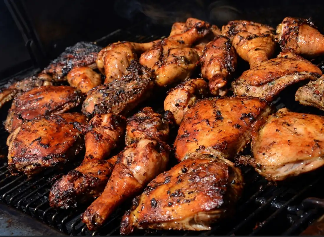 Jerk chicken smoking on the grill at 11Hauz