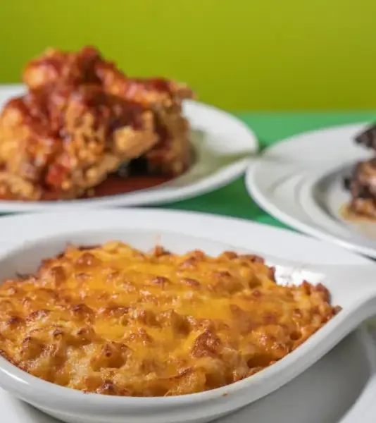 Baked mac and cheese with fried chicken